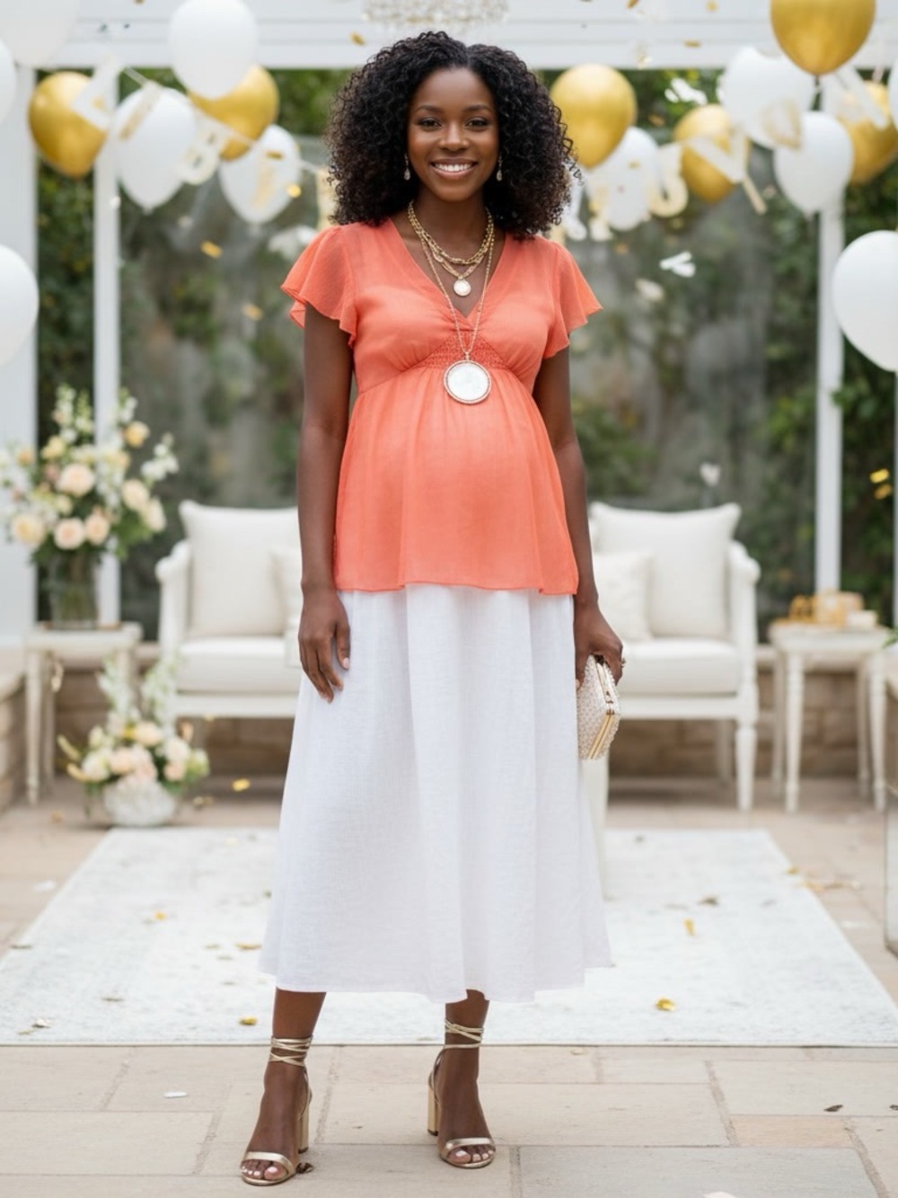 Mimi Maternity Chiffon Empire Waist Flutter Sleeve Blouse Coral Orange M NWOT